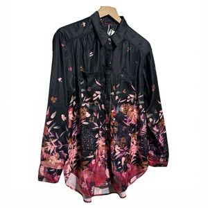 Anthropologie Silk Like Black Floral Blouse